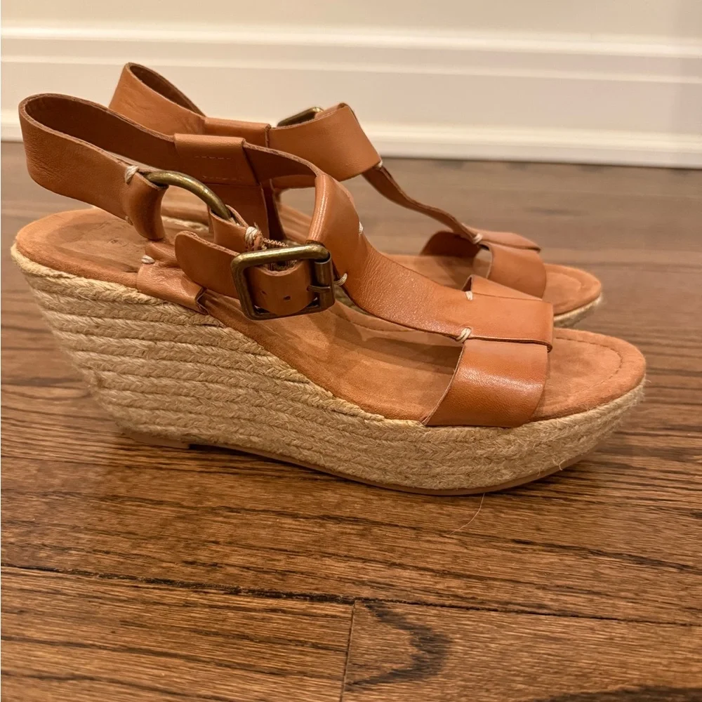 Lucky Brand Fiora Tan Leather Espadrille Wedge Sandals Size 8.5